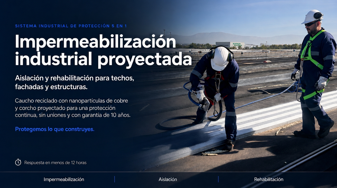 MEMBRAX · Caucho proyectado aplicado por operarios sobre techo industrial